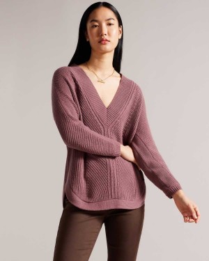 Ted Baker Lerissa Slouchy V Neck Jumper Taupe | 19607-UCGX