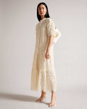 Ted Baker Lezzley Oversized Lace Shirt Dress With Puff Sleeve White | 64580-QMFU