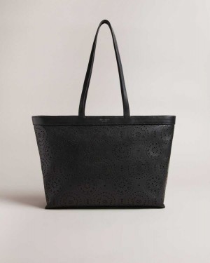 Ted Baker Libetie Laser Cut Magnolia Tote Bag Black | 04356-HMKF