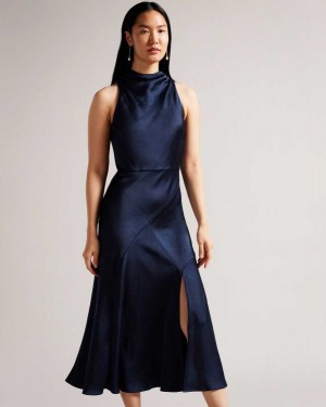 Ted Baker Lilymay Cowl Neck Bias Cut Midi Dress Dark Blue | 58190-ARBJ