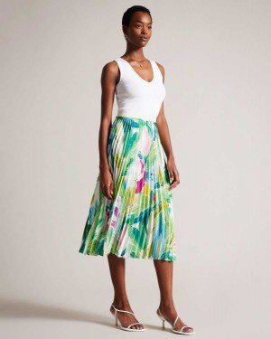 Ted Baker Lopehz Painted Floral Pleated Midi Skirt Green | 35410-DSYH