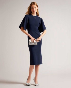 Ted Baker Lounia Fluted Sleeve Knitted Bodycon Midi Dress Dark Blue | 51246-HCDL