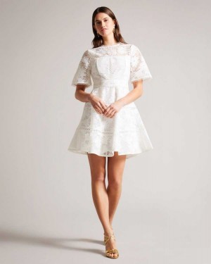 Ted Baker Lydiiha Mini Fit And Flare Lace Dress White | 37520-JHTZ