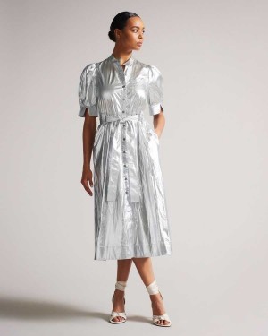 Ted Baker Lygons Metallic Puff Sleeve Midi Dress Silver | 80329-BSIA