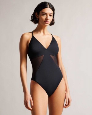 Ted Baker Maabel Strappy Swimsuit With Mesh Panels Black | 83641-XOPS