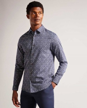 Ted Baker Maccle Long Sleeve Spot Print Shirt Navy | 63950-IRWT