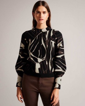 Ted Baker Marelia Abstract Jumper With Puff Sleeve Black | 49327-KVRB