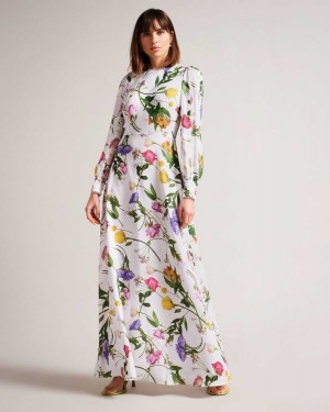 Ted Baker Marggoh Blouson Sleeve Floral Maxi Dress White | 64509-IPNR