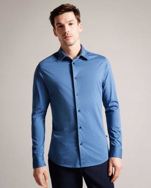 Ted Baker Marros Long Sleeve Lustrous Jersey Shirt Medium Blue | 28610-QJLT