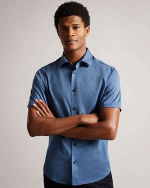 Ted Baker Marrsho Short Sleeve Smart Jersey Shirt Medium Blue | 87610-OTJS