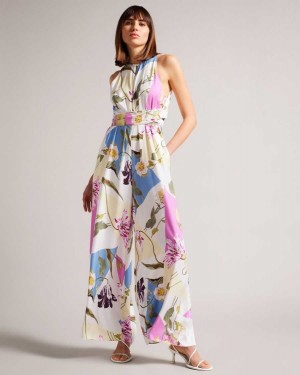 Ted Baker Maudee Floral Print Halter Neck Jumpsuit White | 37542-REDF