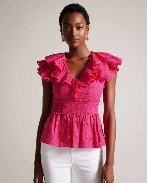 Ted Baker Mazieh Broderie Peplum Top Bright Pink | 27613-SJDV