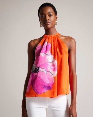 Ted Baker Milenaa Pleated Floral Halter Neck Top Bright Orange | 19036-TFPK