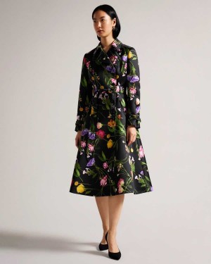 Ted Baker Moiraa Floral Double Breasted Trench Coat Black | 97025-XJWU