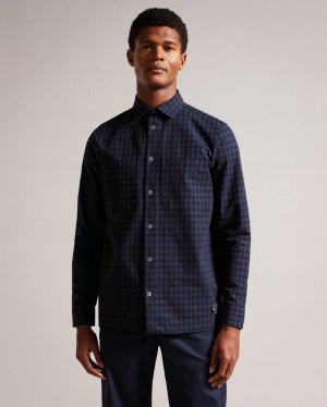 Ted Baker Mourne Long Sleeve House Check Overshirt Navy | 49217-JXED