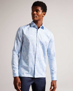 Ted Baker Mullen Long Sleeve Hand Drawn Bird Print Shirt Light Blue | 84630-BWLI