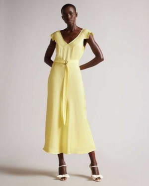 Ted Baker Noemi V Neck Bias Cut Midi Dress Light Yellow | 09734-MPKL