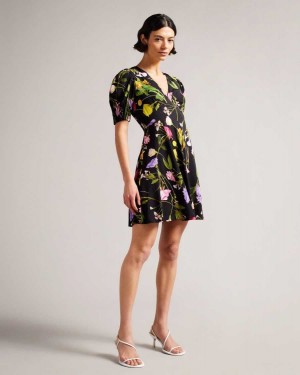 Ted Baker Opallie Mini Puff Sleeve Tea Dress Black | 29516-ISNG