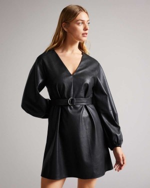 Ted Baker Optunia Pu Belted Mini Dress Black | 50618-PVAM