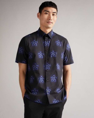 Ted Baker Paden Short Sleeve Floral Printed Shirt Black | 57086-BCOH