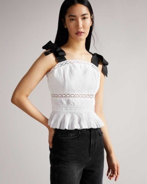 Ted Baker Pietri Lace Insert Peplum Top With Grosgrain Straps White | 63701-CZWN