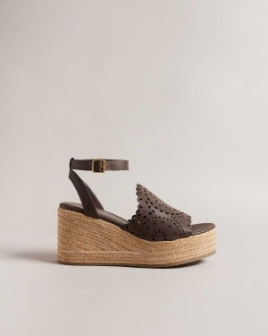 Ted Baker Pinky Laser Cut Wedge Sandals Dark Brown | 71508-ELMJ