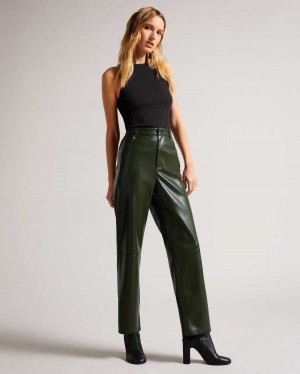 Ted Baker Plaider Straight Leg Faux Leather Trousers Khaki | 38054-MUWA