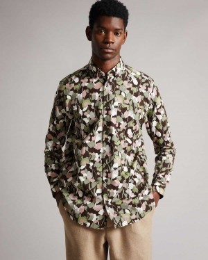 Ted Baker Poplar Long Sleeve Abstract Floral Print Shirt Brown | 27816-WOLG