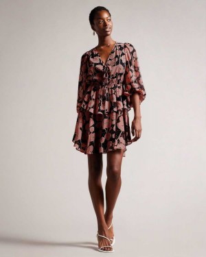 Ted Baker Priana Poppy Print Tie Front Mini Dress Black | 30564-XROG