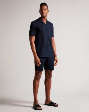 Ted Baker Ranney Short Sleeve Cotton Shirt With Floral Embroidery Navy | 53840-ROKX