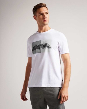 Ted Baker Rewild Short Sleeve Regular Fit Moth Print T-Shirt White | 70214-YHCS