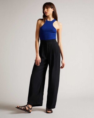 Ted Baker Ronia Pleated Wide Flood Length Trousers Navy | 62475-LRAW