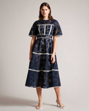 Ted Baker Rubiely Midi Fit And Flare Lace Dress Dark Blue | 71985-FGVA