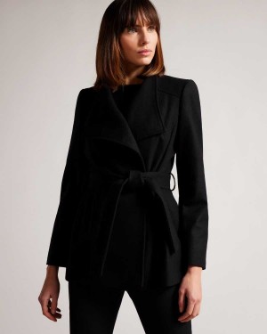 Ted Baker Rytaa SHORT WOOL WRAP COAT Jet-Black | 40792-KHZP