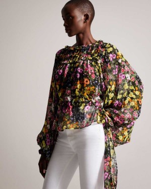 Ted Baker Saskiha Floral Blouse With Waist Tie Black | 87342-TIJF