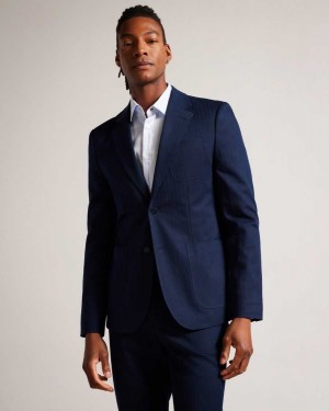 Ted Baker Shakerj Cotton And Linen Striped Suit Jacket Navy | 92784-YKRC