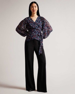 Ted Baker Tariaa Smocked Wrap Top With Blouson Sleeve Dark Navy | 89062-GHPV