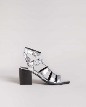 Ted Baker Taylay Strappy Block Heeled Crinkled Leather Sandals Silver | 74095-GATI