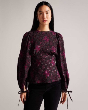 Ted Baker Terre Printed Peplum Top With Cuffed Sleeves Black | 15249-VPNY