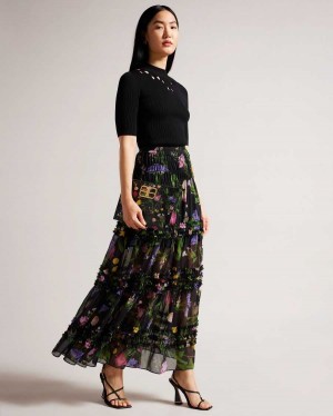 Ted Baker Thieaa Micro Ruffle Tiered Midaxi Skirt Black | 41985-XPFK