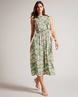 Ted Baker Tindraa Sleeveless Frilled Midi Dress Green | 67203-KEOC