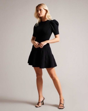 Ted Baker Velvey Puff Sleeve Dress With Engineered Skirt Black | 91850-IMYQ