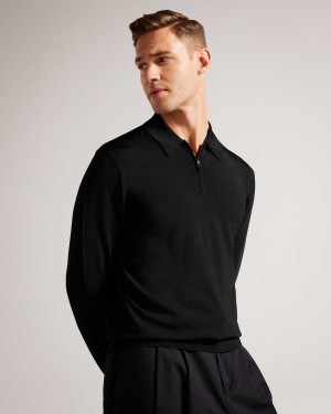 Ted Baker Viba Long Sleeve Regular Half Zip Rayon Polo Black | 18324-VKSP