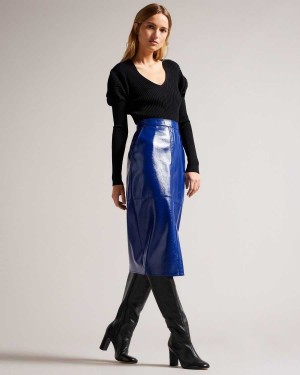 Ted Baker Vinell Panelled Vinyl Pencil Skirt Blue | 58120-KZJI