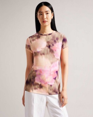 Ted Baker Yazmean Fitted Floral T-Shirt With Twisted Neck Coral | 50873-GFYQ