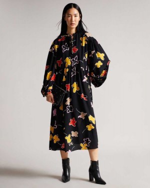 Ted Baker Yviee New World Oversized Midi Dress With Ruffles Black | 69102-OUJA