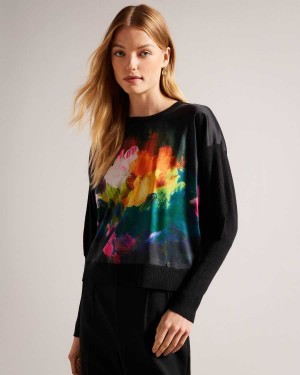 Ted Baker Zarha Art Print Jumper With Sleeve Detail Black | 05784-DRXQ