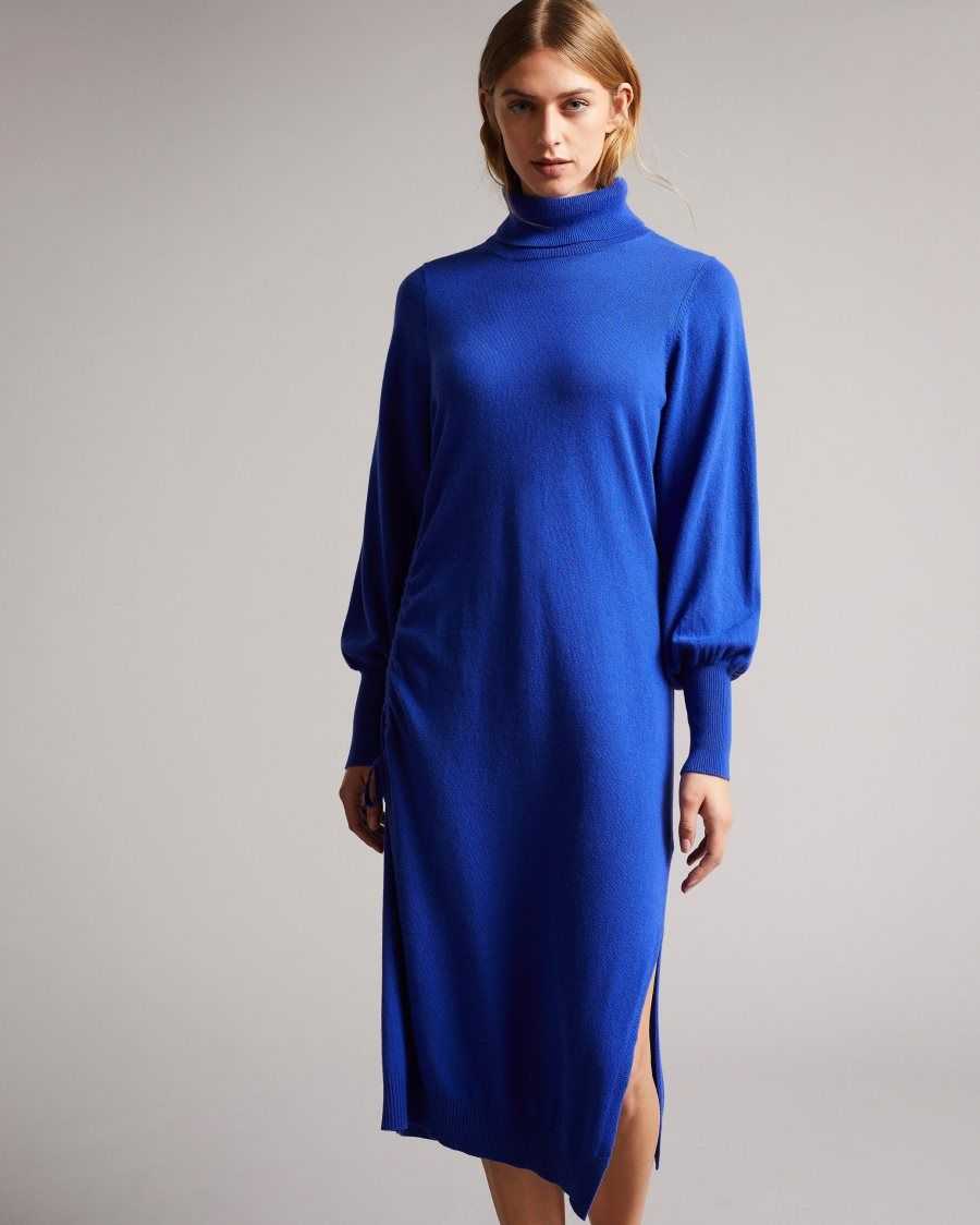 Ted Baker Aavvaa Knitted Dress With Ruched Side Detail Bright Blue | 24675-DBWA