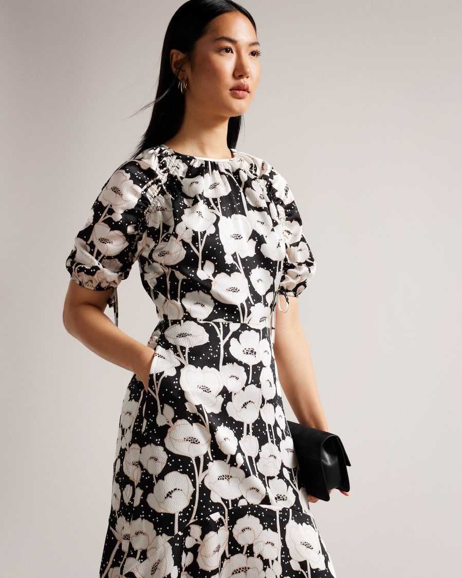 Ted Baker Abriee Puff Sleeve Midi Dress Black | 84120-PRFO