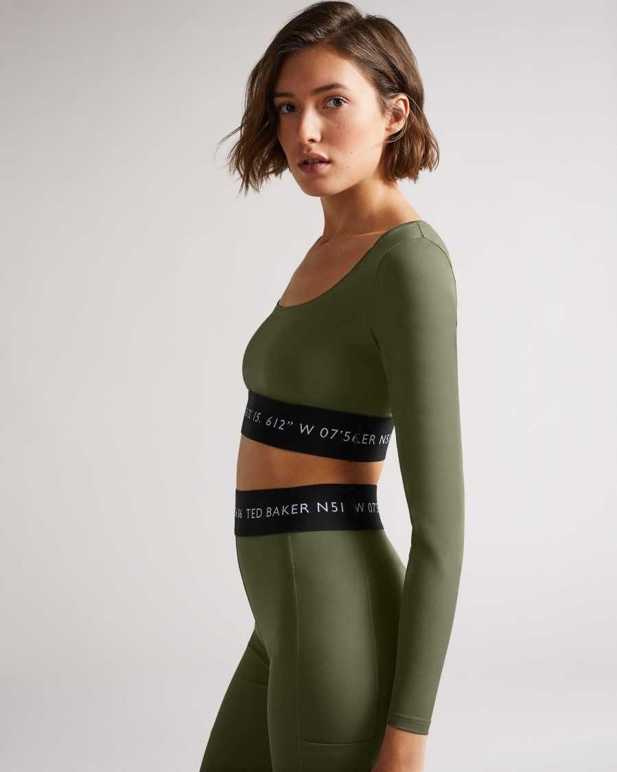 Ted Baker Acamarr Long Sleeve Skinny Scoop Neck Top Dark Green | 40321-ELXT